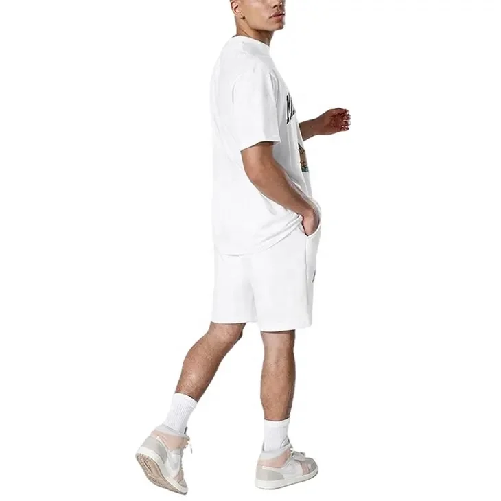 Summer mens clothing two 2 piece t shirt and track shorts set cotton custom short tracksuit sweat shorts matching set for men