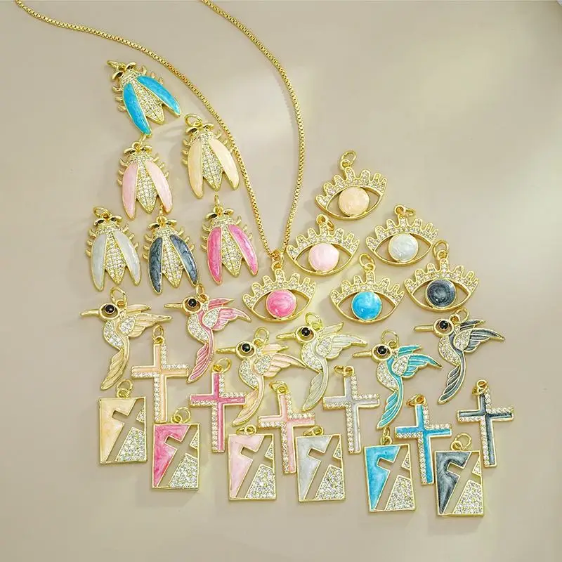 Dripping Oil Pendants 18K Gold Plated Cross Enamel Pendant Necklace  Colorful Insect Bird Eye Oil Drop Charms For Jewelry Making