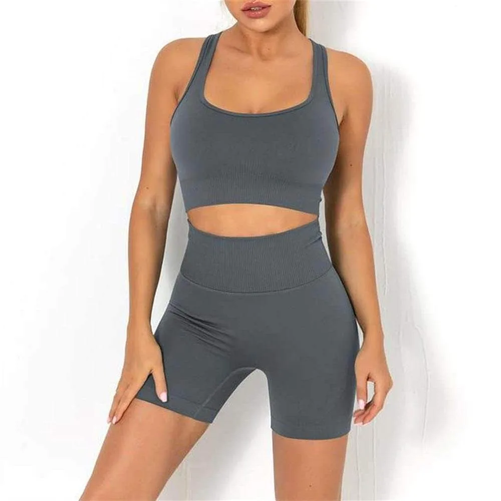 Custom Activewear Manufacturers Wholesale New No Camel Toe Biker Shorts High Impact Sports Bra 2pcs Gym Fitness Yoga Set