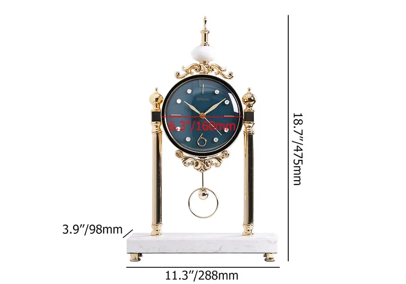 Japandi Traditional Metal Blue Round Mantel & Table Top Clock with Pendulum White Marble Base