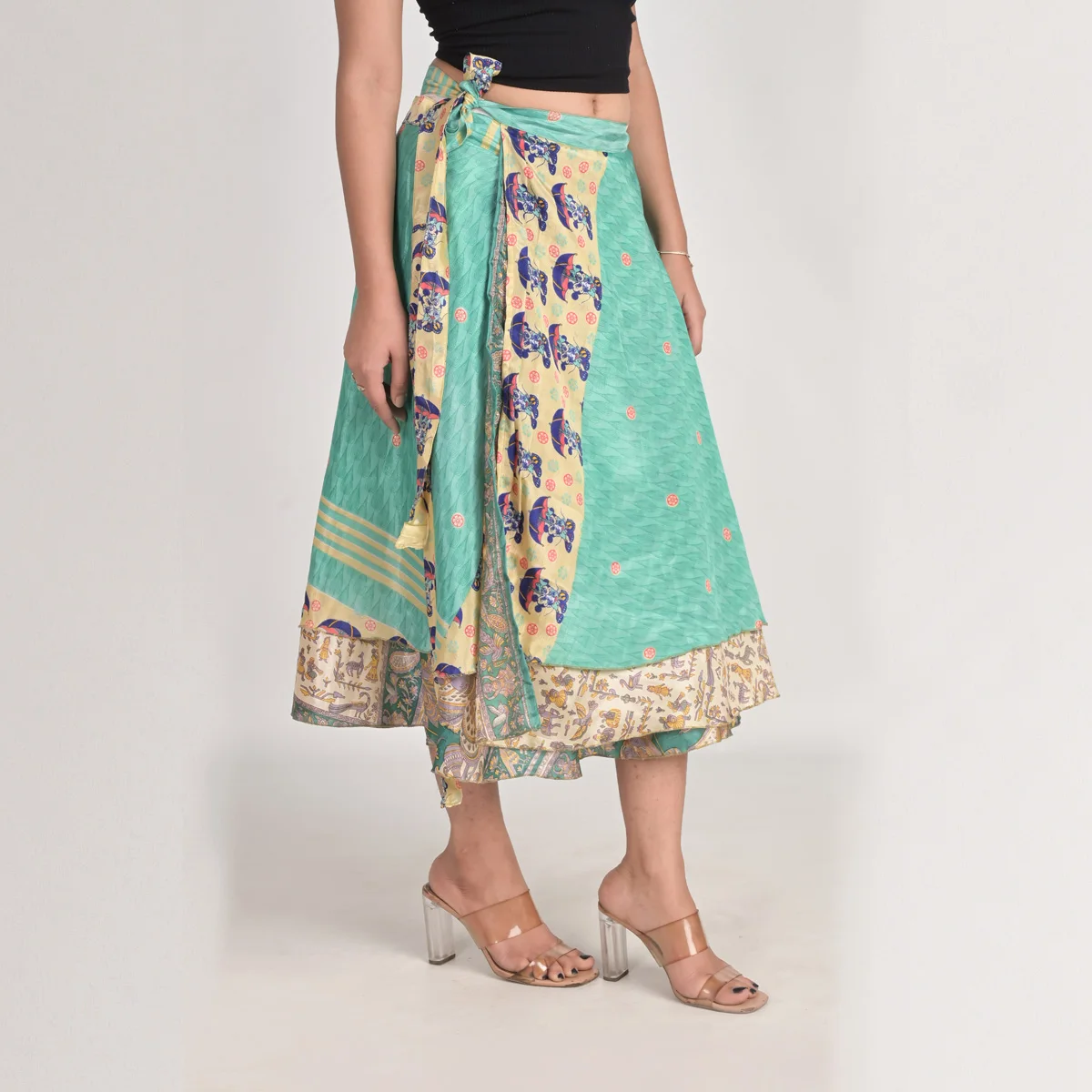 Indian 2 Layer Printed New Art Silk Sari Recycled Long Magic Wrap Around Skirts