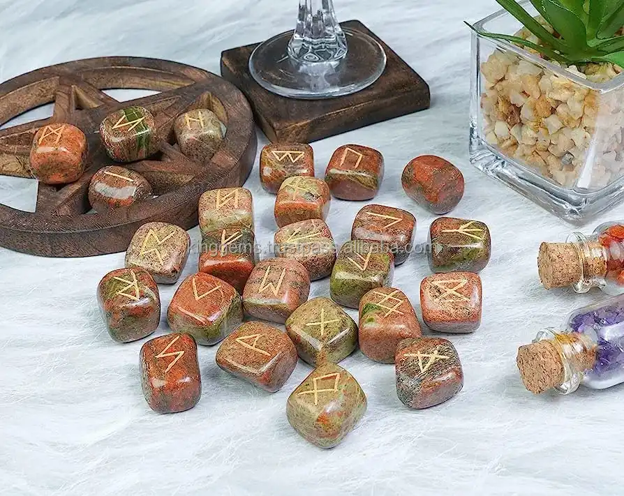 BEST HEALING STONE CRYSTAL UNAKITE RUNE SETS HEALING CRYSTALS 25 PIECES ENGRAVED TUMBLE RUNE UNAKITE STONES HEALING  RUNE SET