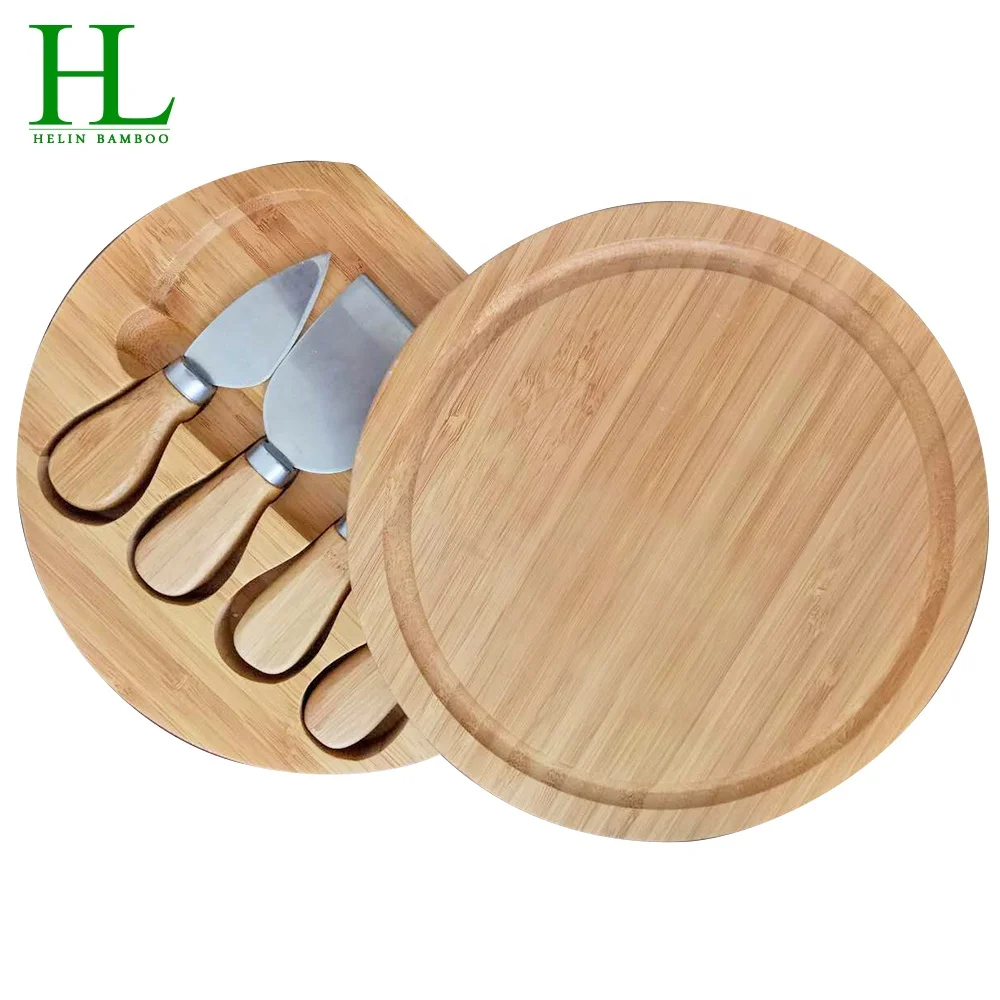 Round Bamboo Cheese Cutting Board Set With Knives Customized Cheese Board Bamboo set