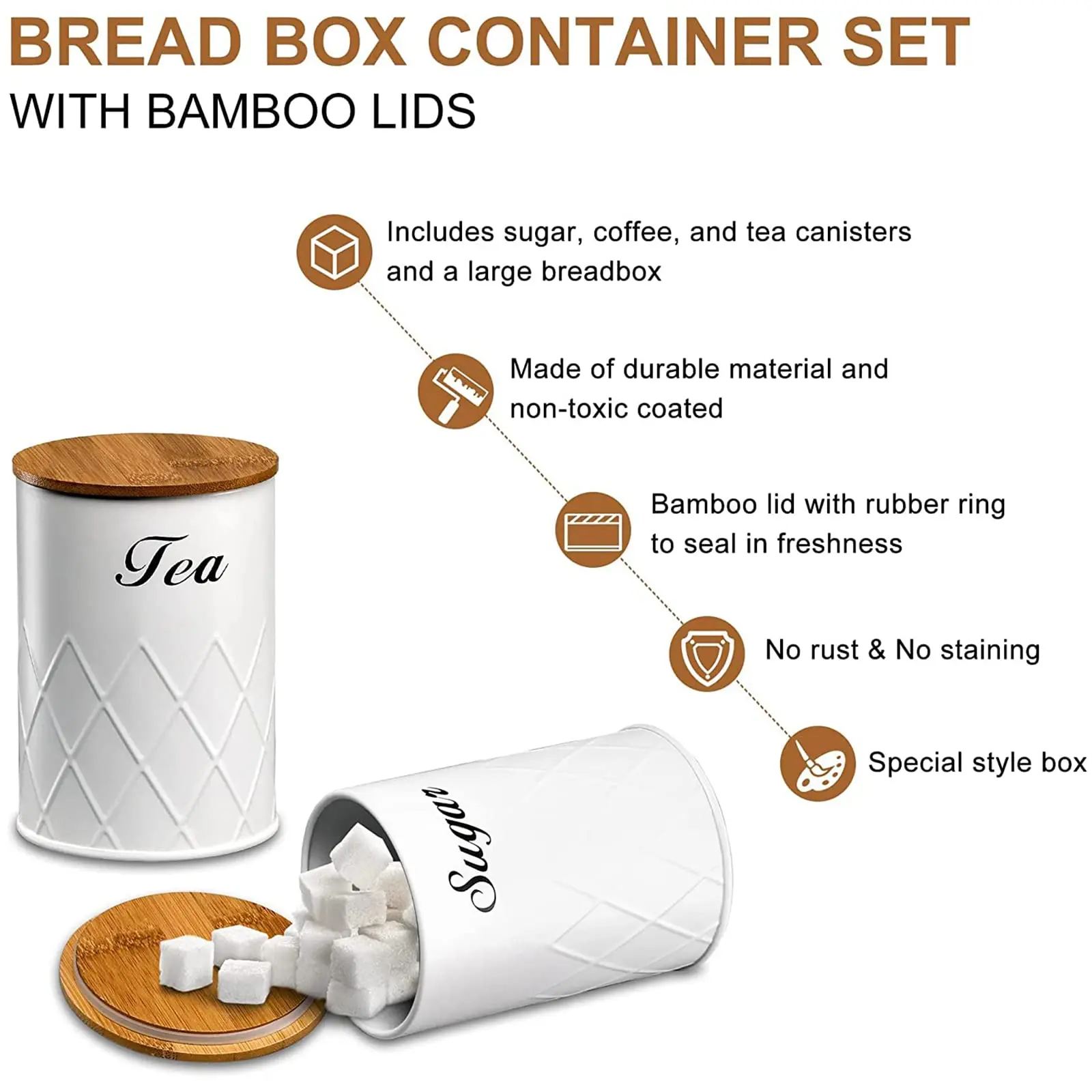 Custom White  Kitchen Tea Coffee Sugar Canisters Jars Tins Sets storage canister With Bamboo Lids