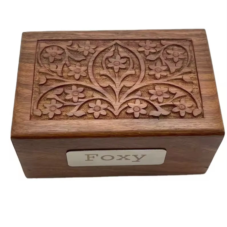 Pet Urn for Ashes Keepsake Carved Rosewood Box Pet Urn in Natural Reddish-Brown Color