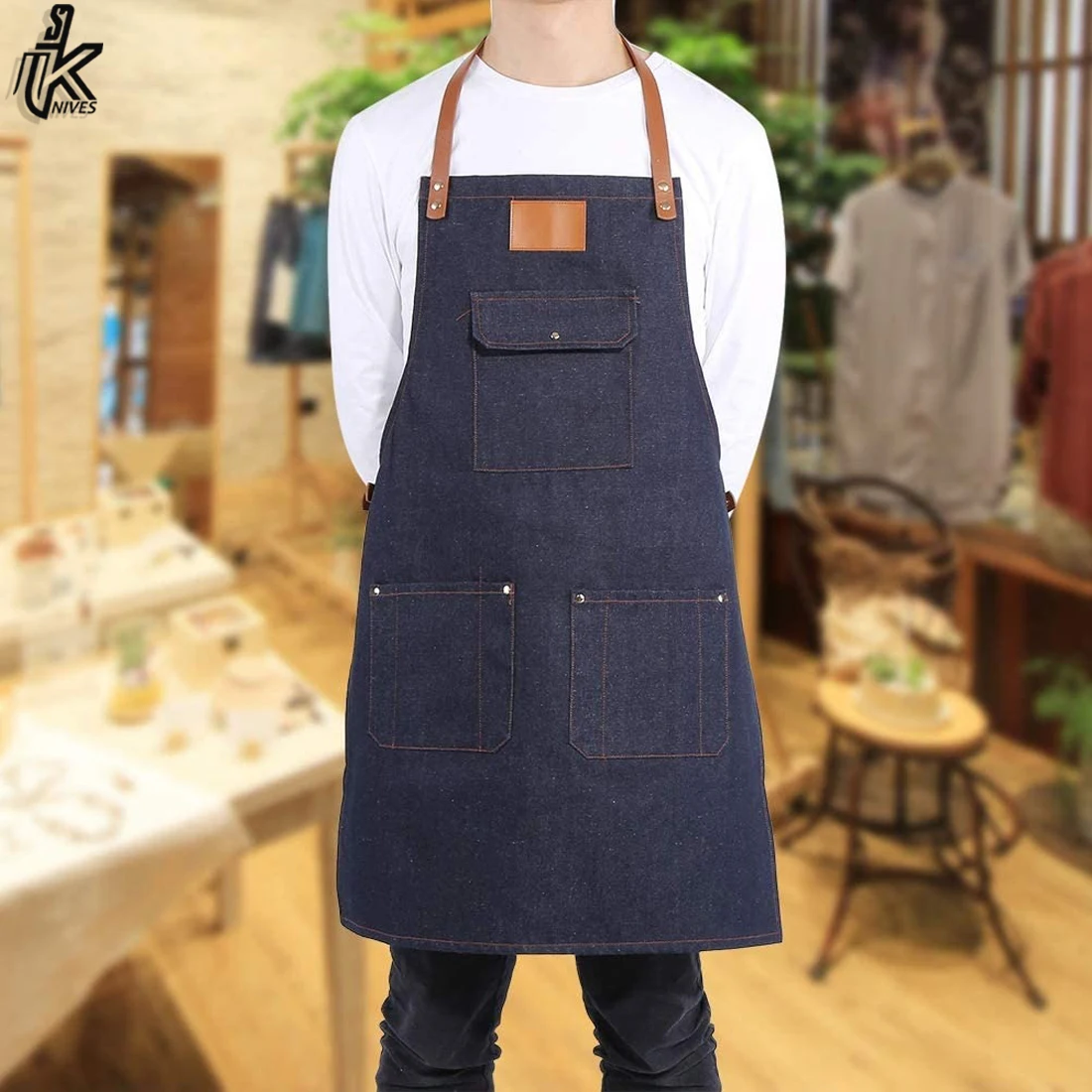 2022 New Denim Bib Apron for Women Men with Leather Strap Work Cook Uniform Apron