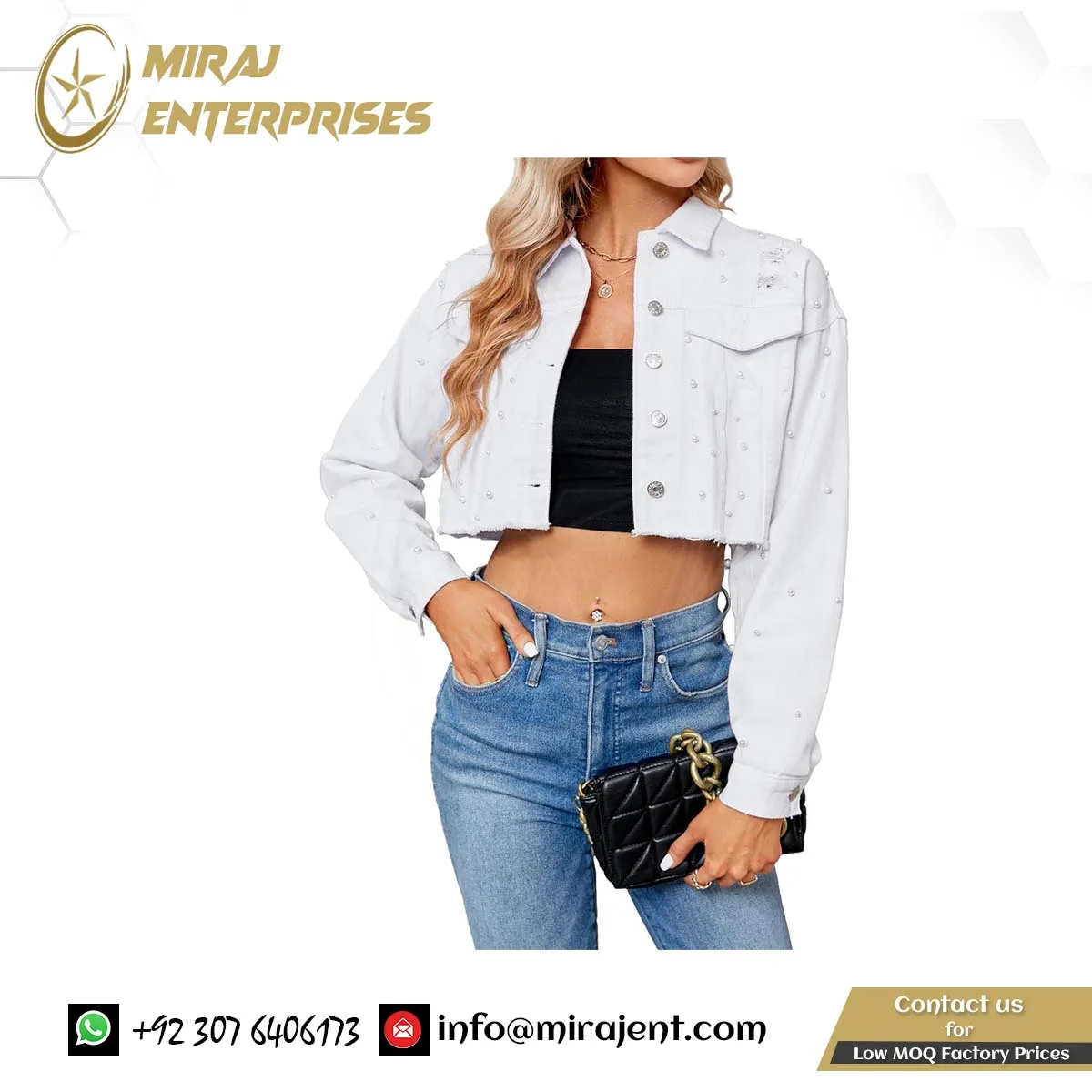 Women Cropped Rhinestones breathable Denim Jacket Long Sleeve Distressed Pearl Jean Jacket Coats