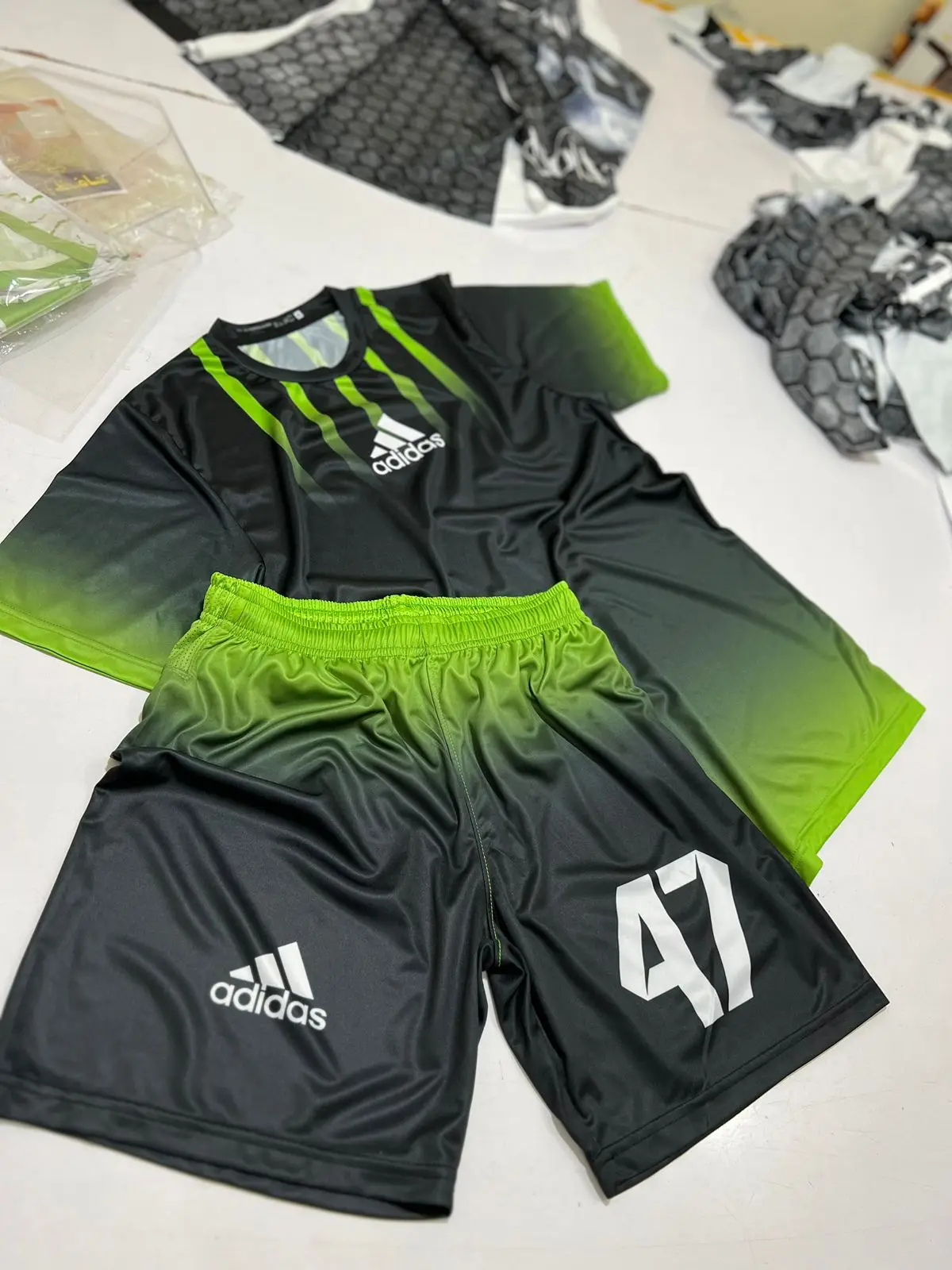Premium design with mesh panel shorts green yellow and custom colors wholesale soccer uniforms