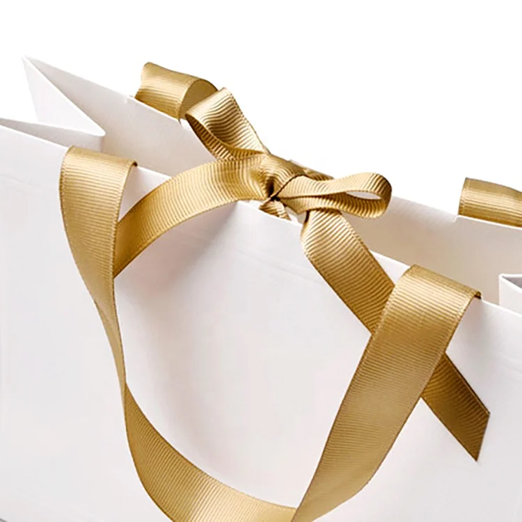 Luxury Small White Jewelry Gift Bag with Ribbon Handle Personalized Design Shopping Clothing Paper Bag for Cosmetics Packaging