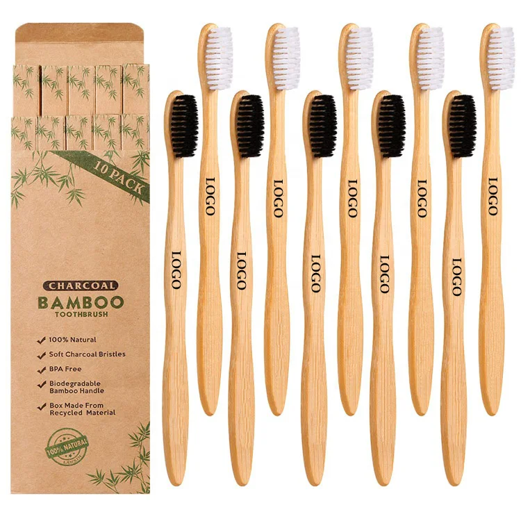 Wholesale Free Sample Biodegradable Custom 10 Pack Black Bambu Tooth Brush Soft Charcoal Bamboo Toothbrush
