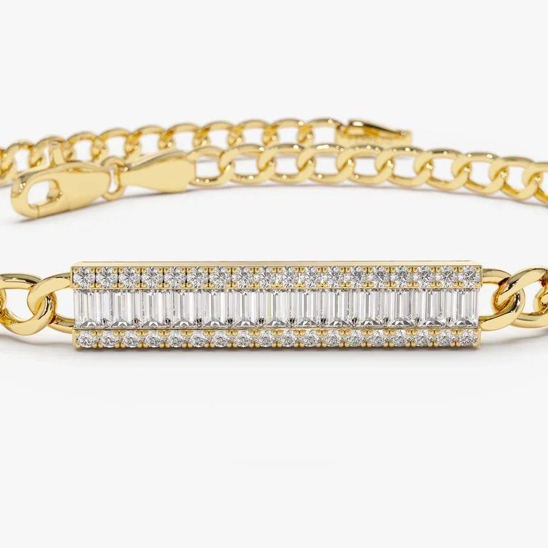 High Quality Miami Design 14k 18k 20k Yellow/White/Rose Gold Baguette Shape Horizontal Diamond Bar Curb Link Pure Gold Bracelet