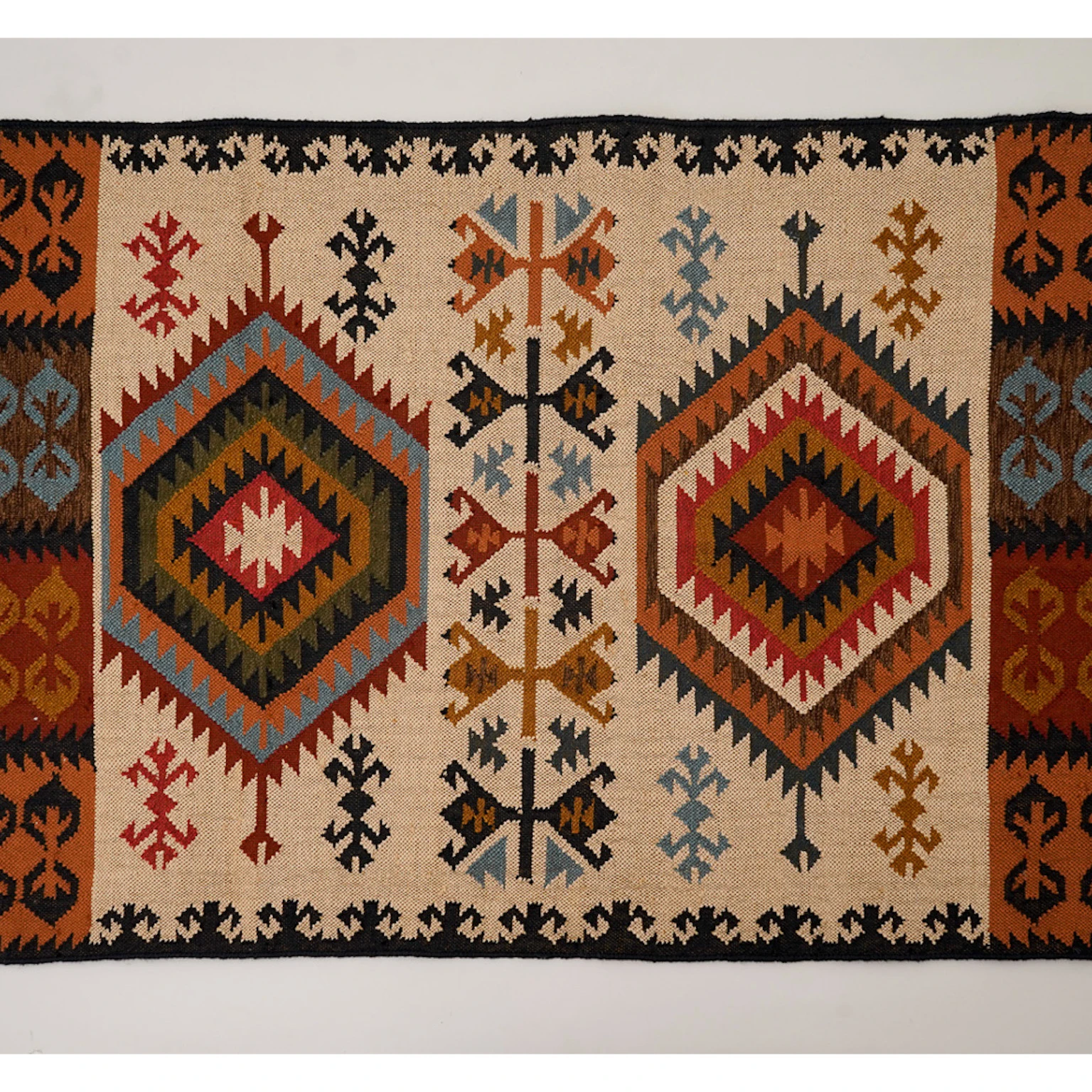 Handwoven Kilim Rug with Aztec Motifs and antique feel made with Recycled polyester yarn for indoors and outdoors durable
