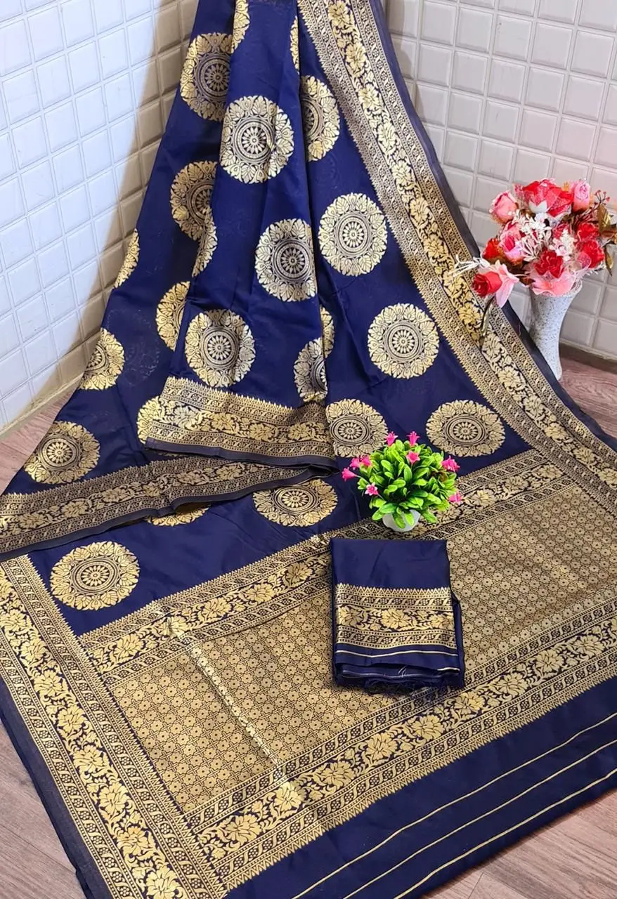Indian New Trendy Designer Soft Banarasi Silk with Weaving Heavy Pallu and Same Weaving Border Blouse Saree for Women Wear