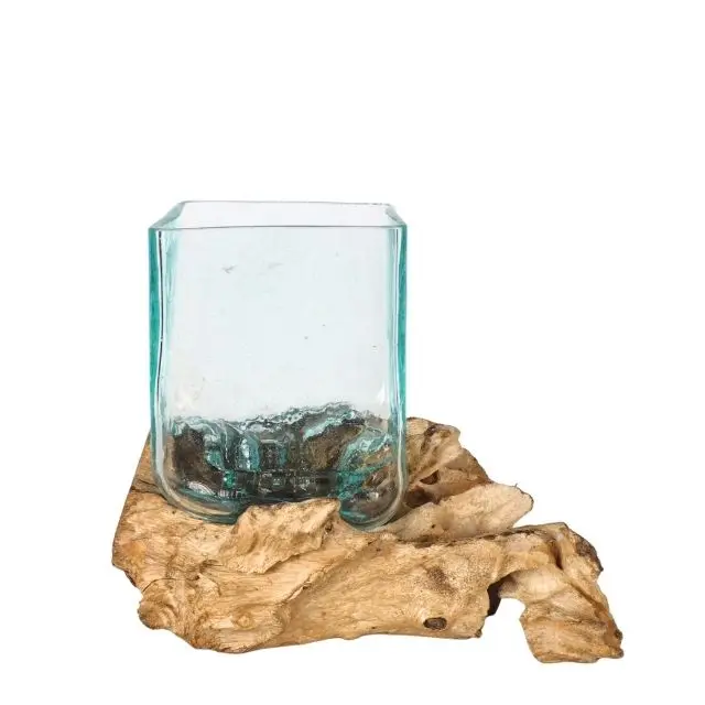Molten Glass On Gamal Wood, Driftwood Terrarium,  Glass Bowl On Driftwood