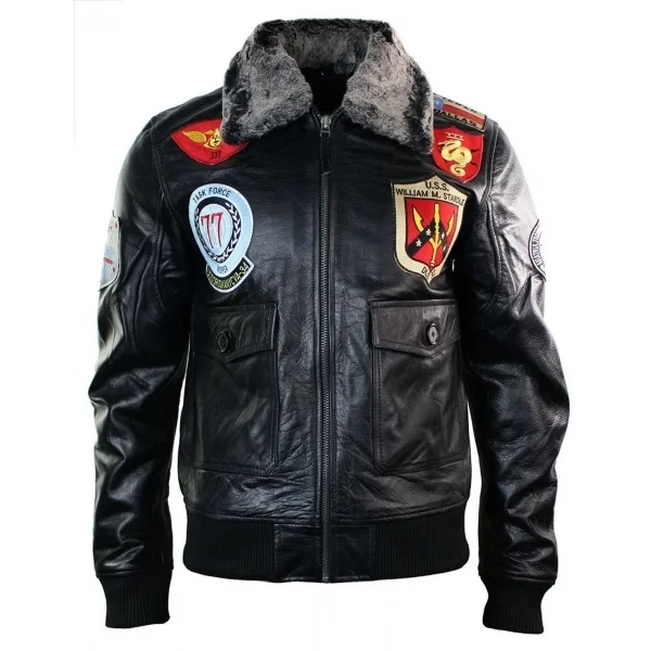 Men Shearling Collar Bomber Jacket Removable Fur Collar Genuine Leather Flight Leather Jacket