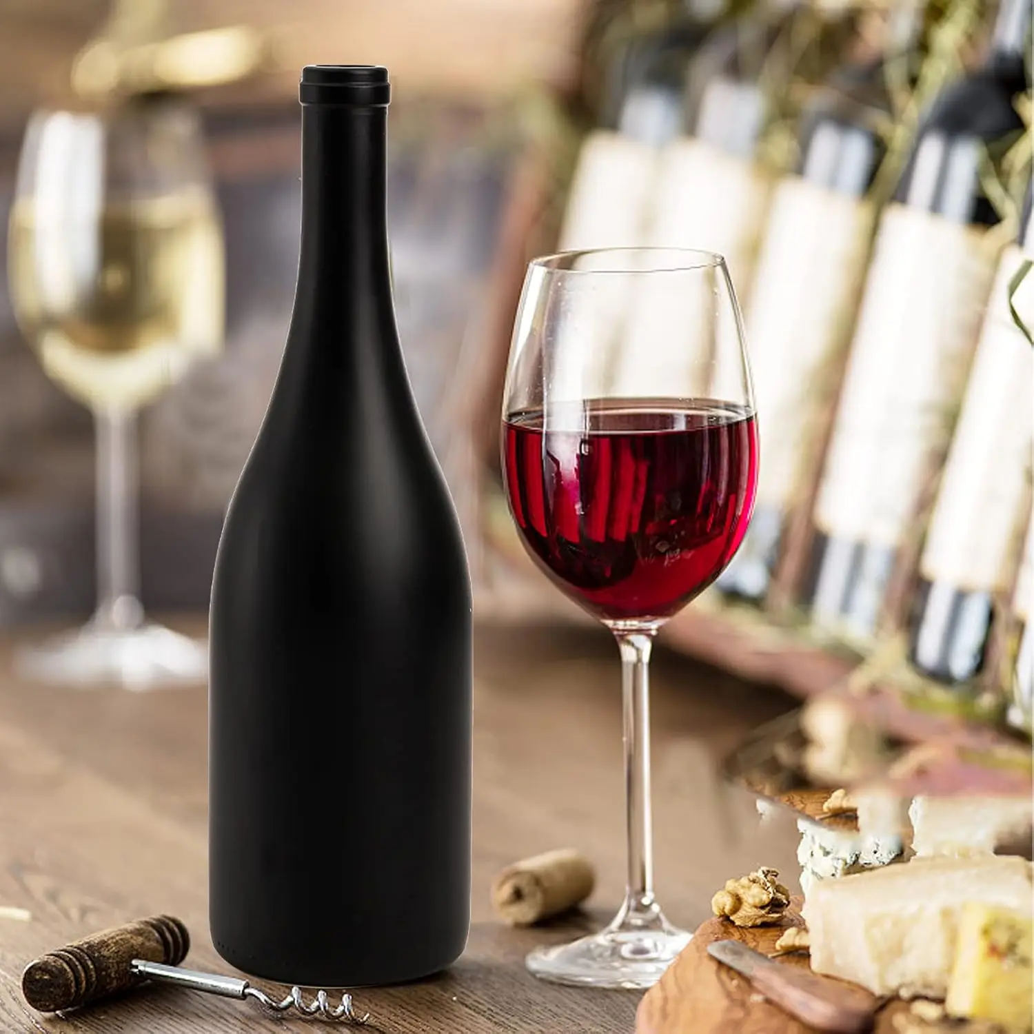 Empty Wine Bottle - 750ml Black Matte Coated Glass Wine Bottle with Cork Bordeaux Bottle