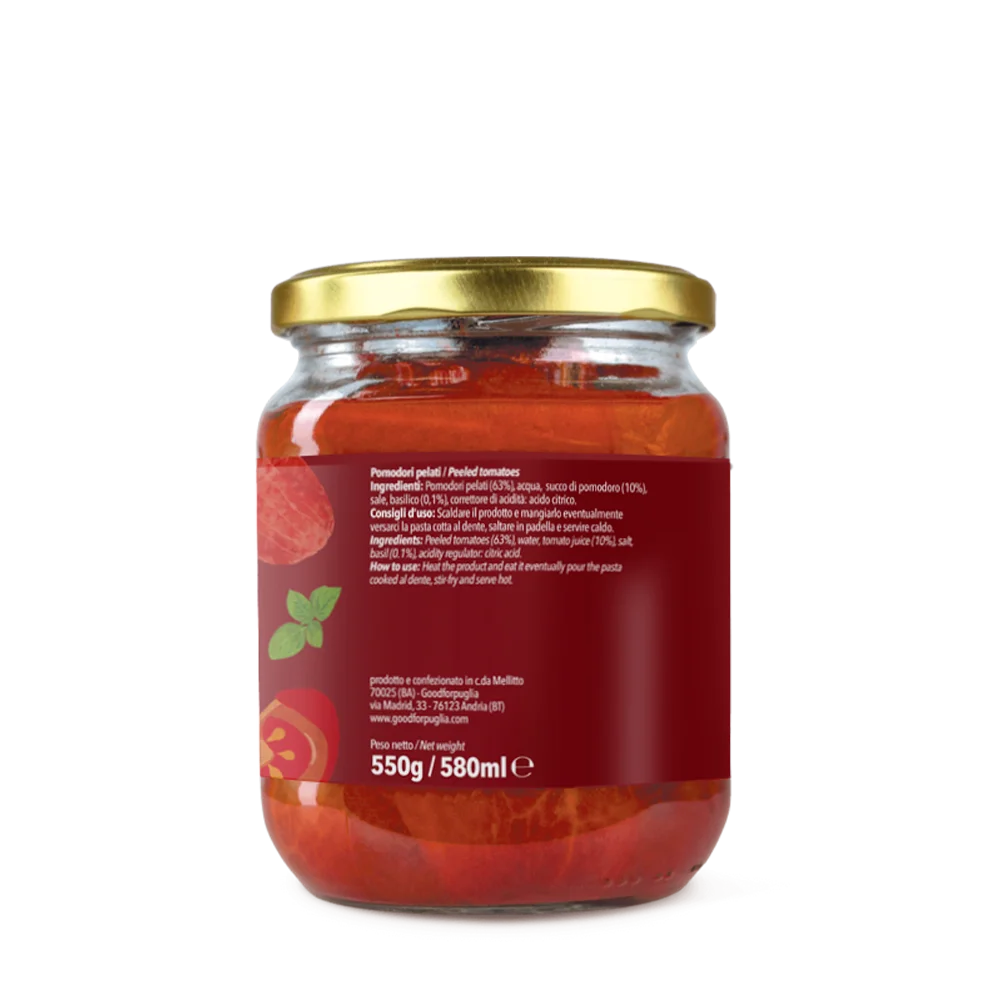 Premium Italian Peeled Tomato, 550g Glass Jar ideal for Import or Retail