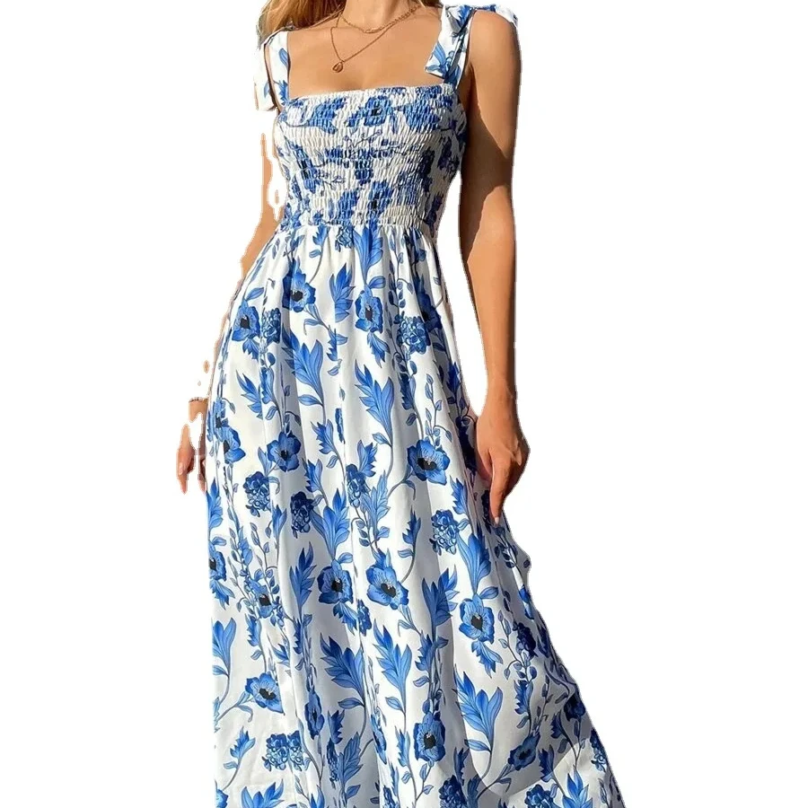 2024 summer square neck ruffled beach vest sexy fashion backless sleeveless casual print MIDI skirt
