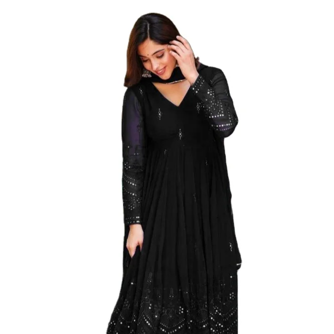 Best Selling Indian Blue Embroidered 3 pc Long Flared Anarkali Suit set Partywear Georgette Anarkali Suit set for women