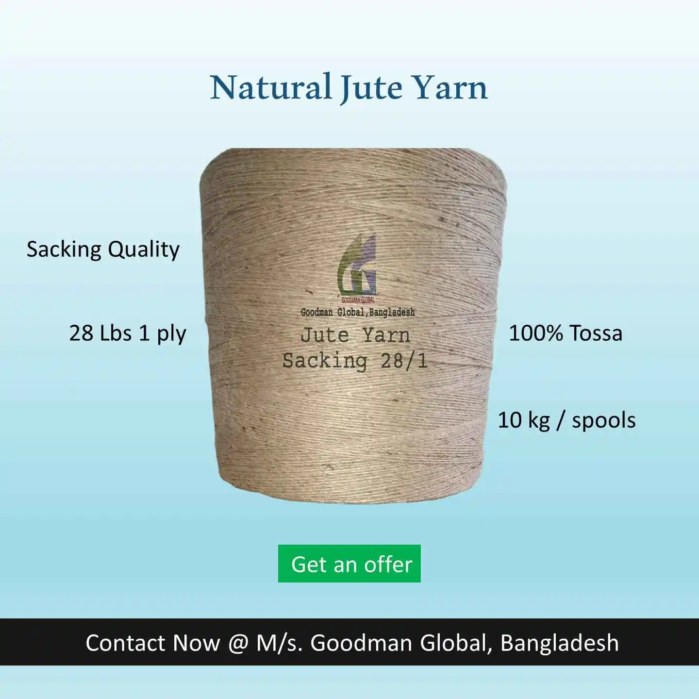 28 Lbs Single Ply Sacking Quality Jute Yarn 100% Tossa Yute 10 kg Spools Manufacturer Wholesale Goodman Global Bangladesh
