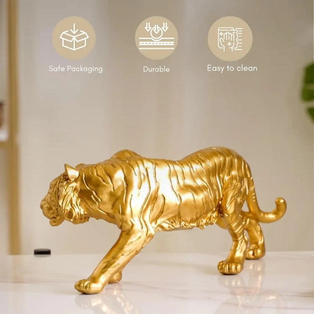 Golden Royal Bengal Tiger Resin Showpiece with Smooth Metallic Finishing for Home Decor Living Room Perfect for Gifting