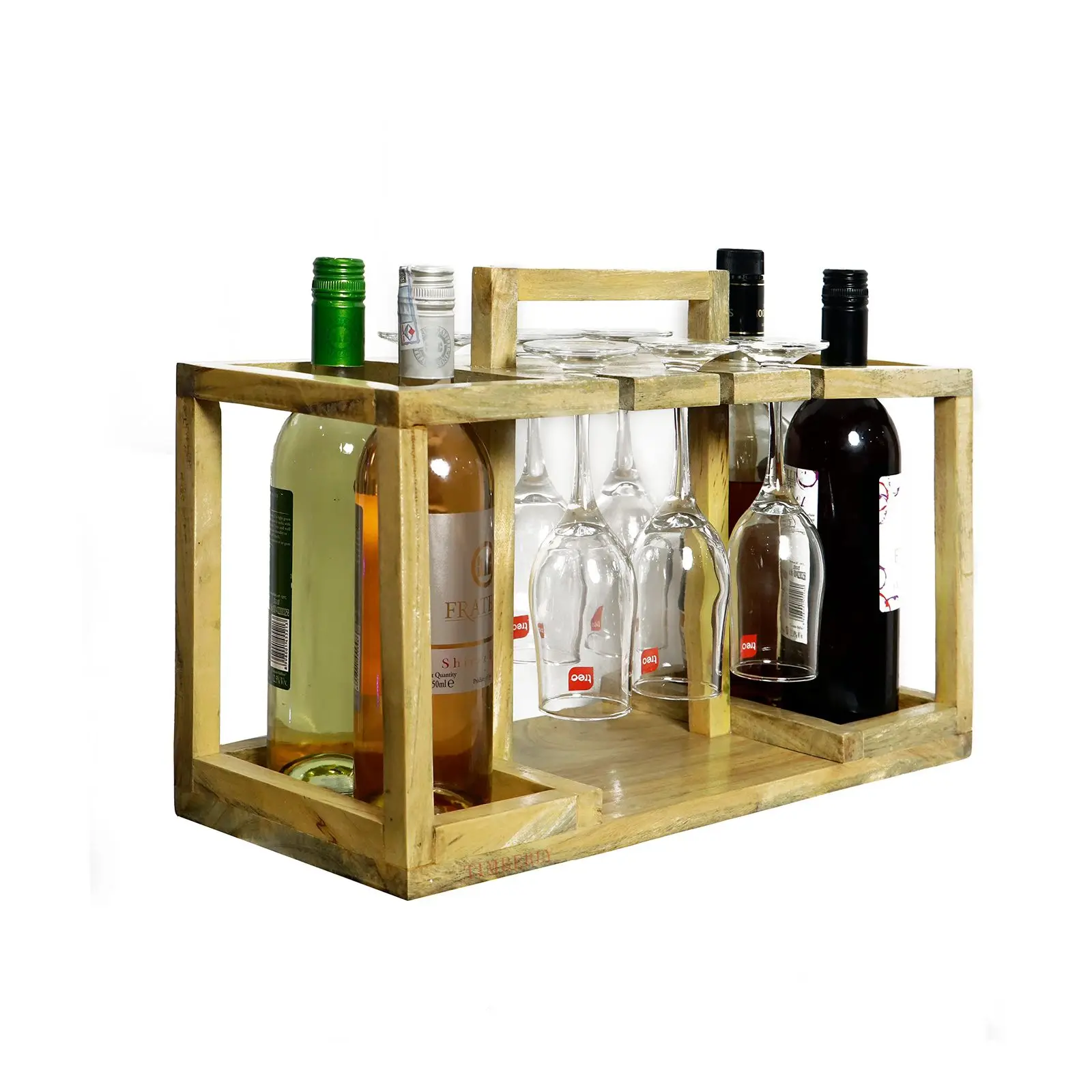 Vintage 6 Bottle 2 Tier Mango Wood Wine Rack Countertop Cabinet Wine Holder for Party or Wedding