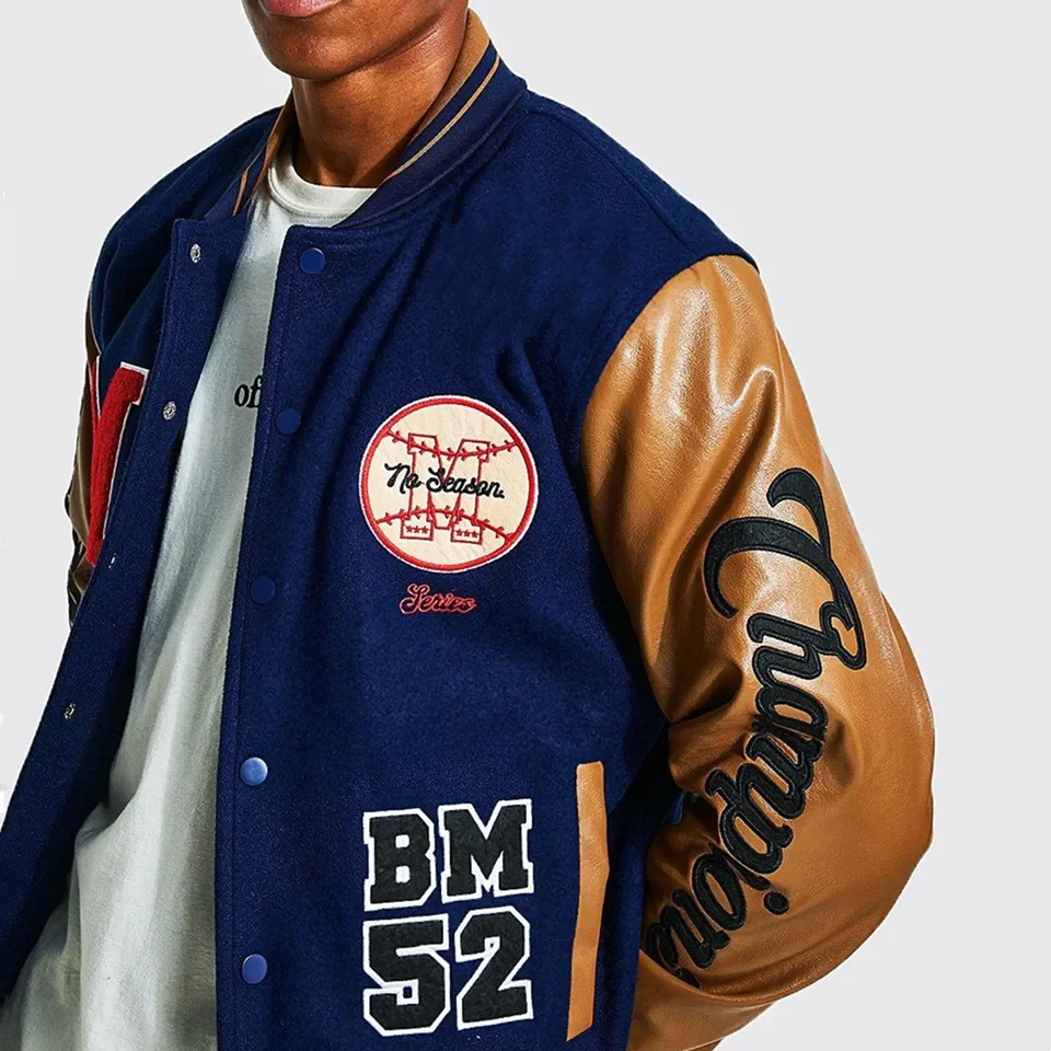 OEM High Quality Golden Leather Sleeve Custom Logo College Outdoor Varsity Letterman Jackets Plus Size Men Varsity Jacket