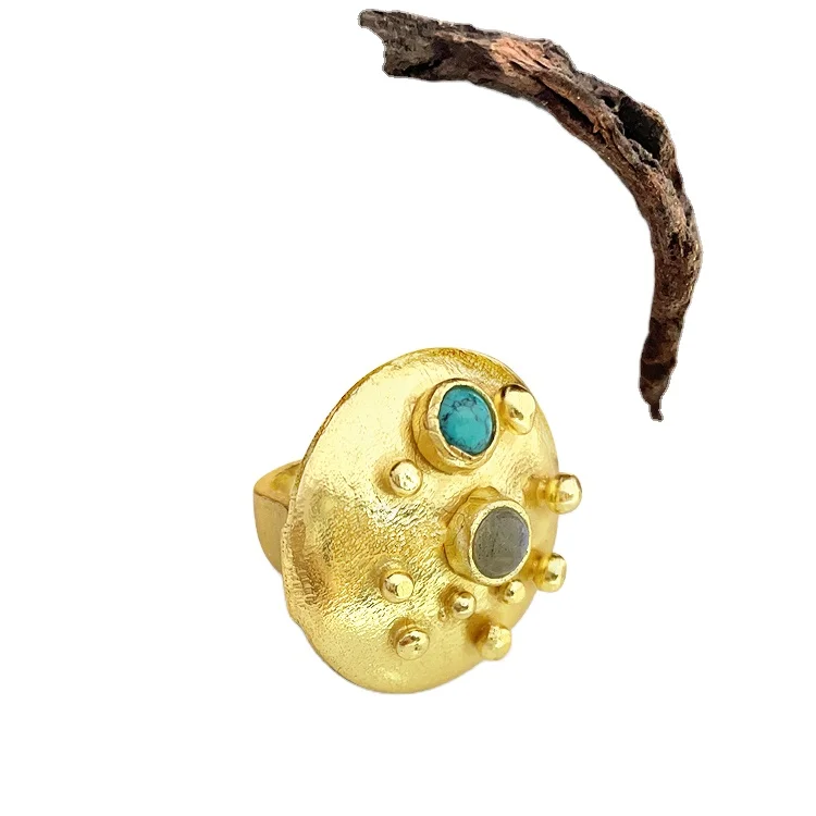 Gold plated Handmade Turquoise  and Labradorite Gemstone Designer Stylish Ring casual wear handmade product  SKU7112