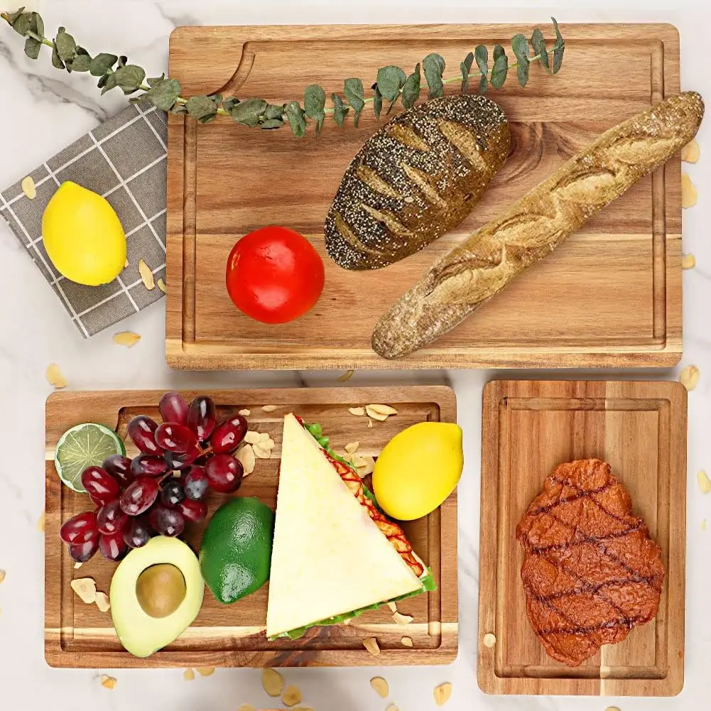 Acacia Wood Cutting Board Set with Juice Groove (3 Pieces)  for kitchen, Butcher Block Cutting Board for Meat, Vegetable