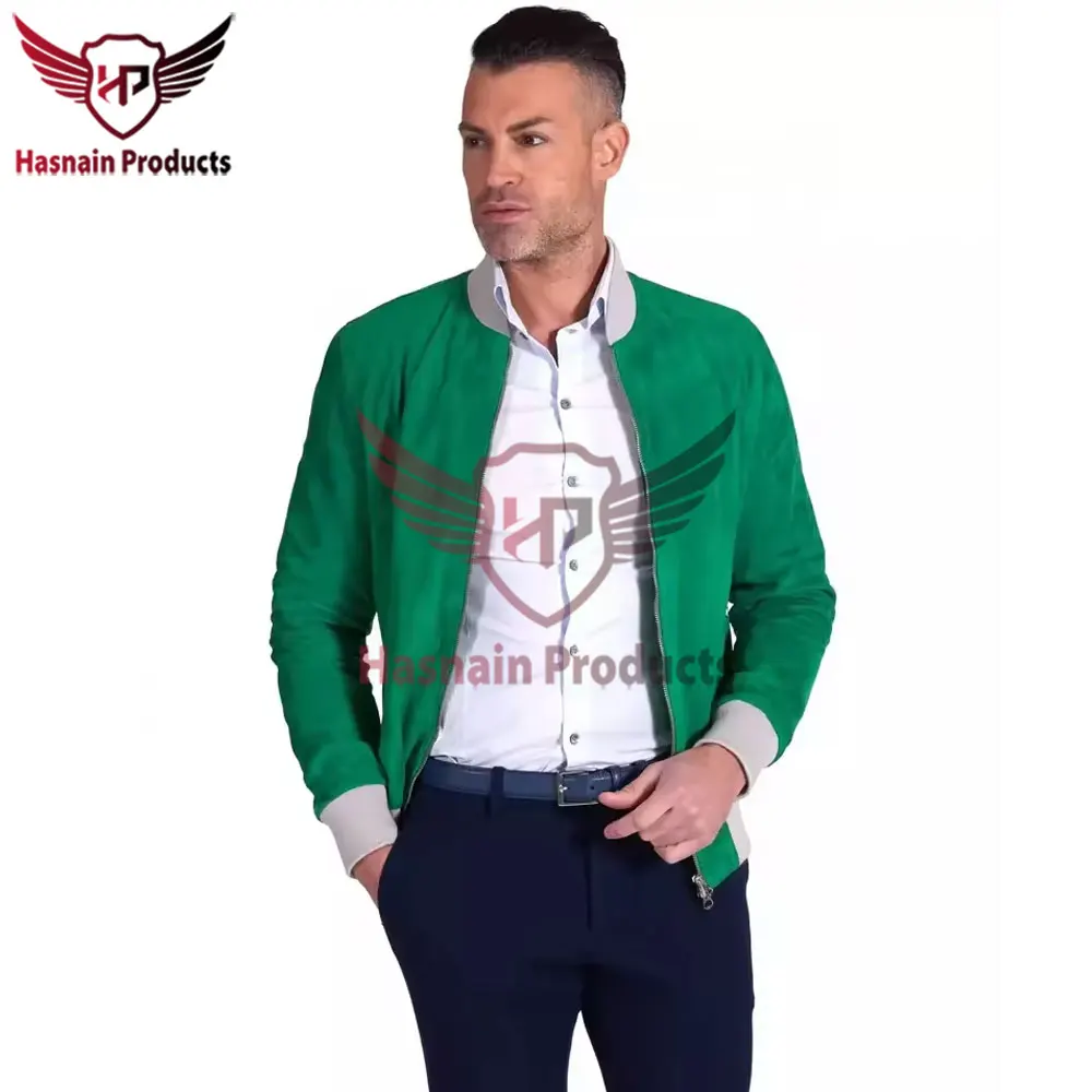 Custom Logo Plain Embroidery Green Suede Leather Pilot Bomber Jacket for Men Custom logo jacket Embroidered suede coat