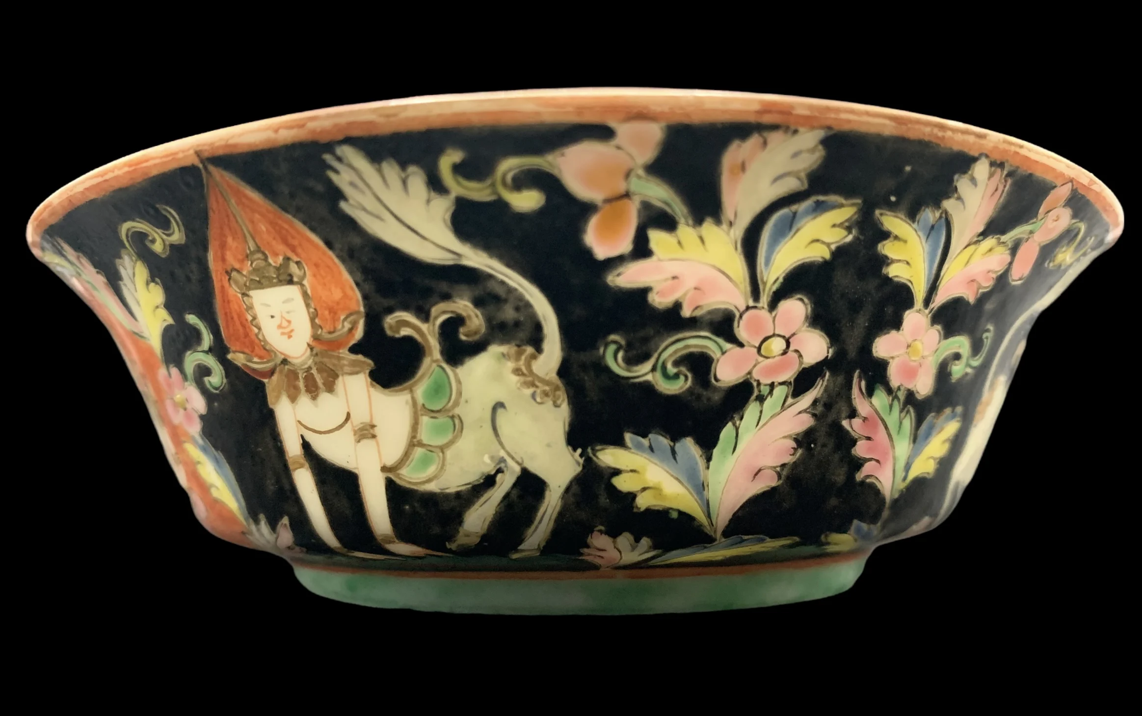 Antique Benjarong Porcelain Bowl Painted With Theppanom Painted With Floral Design On A Black Ground for Collectible