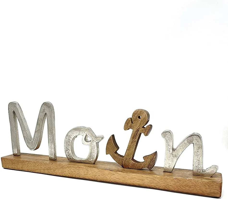 MOIN lettering Decorative stand made of aluminum on a mango wood base Top selling 2023 Metal Sculpture Export quality