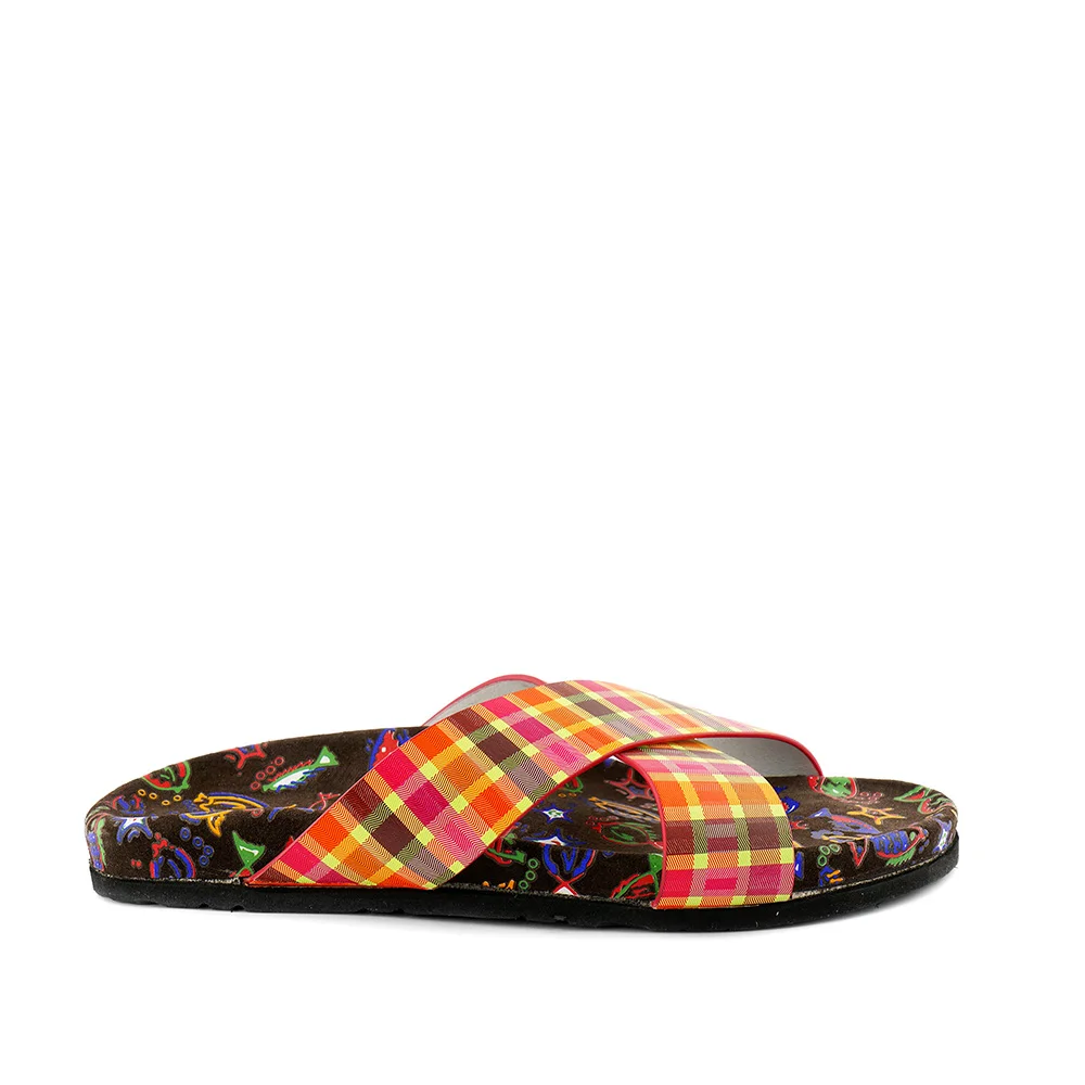 HIGH QUALITY WOMAN SLIPPER BROWN LEATHER ANATOMIC FUSBET WITH TWO BANDS UPPER DIGITALLY MULTICOLOR PRINTED MADE in ITALY