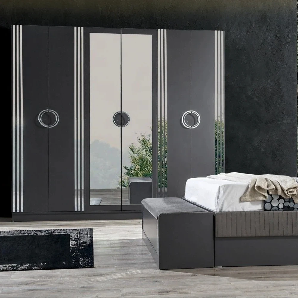 Berlin luxury bedroom set king size bed lighted headboard mirrored dresser Turkish home furniture affordable prices