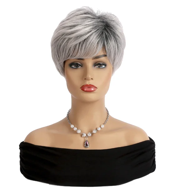 Fluffy Gray Short Layered Bob Haircut Wigs for Women Mixed Grey Elegant Synthetic Hair Straight Natural Bob Wig 57cm head circle