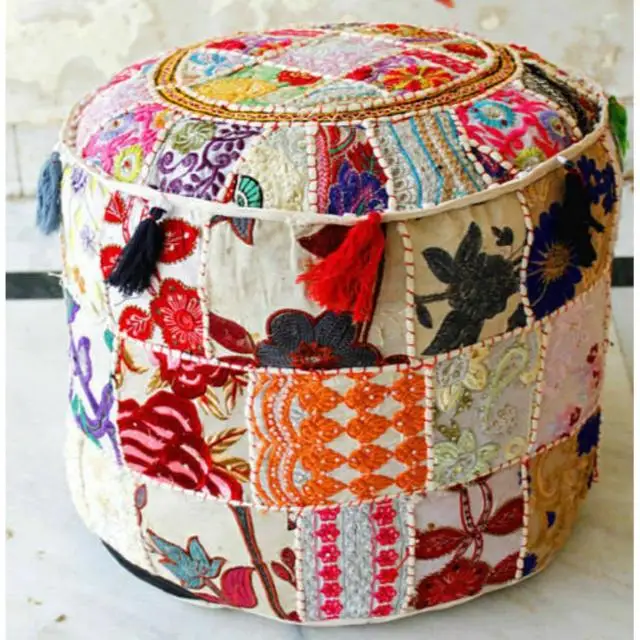 Индийский лоскутный круглый пуф-пуф с молнией