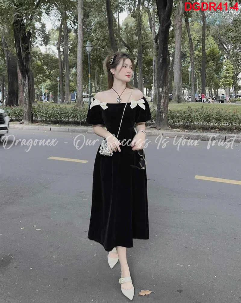 Long Black Dress With Bow Tie At The Collar And Short Fluttering Sleeves Street Style For Pretty Girls Best Selling Good Quality