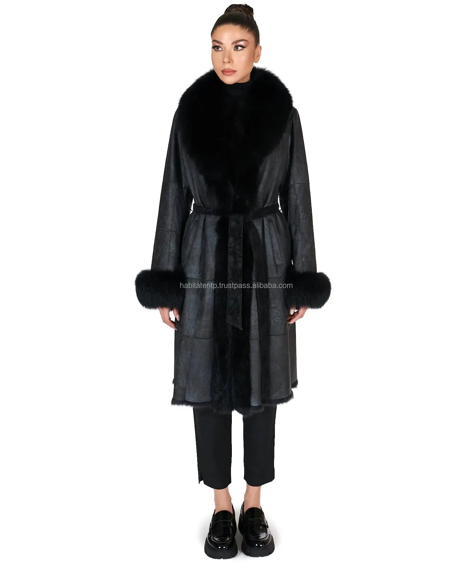 Women Black Rabbit Fur Coat with Fox Fur Collar Genuine Leather