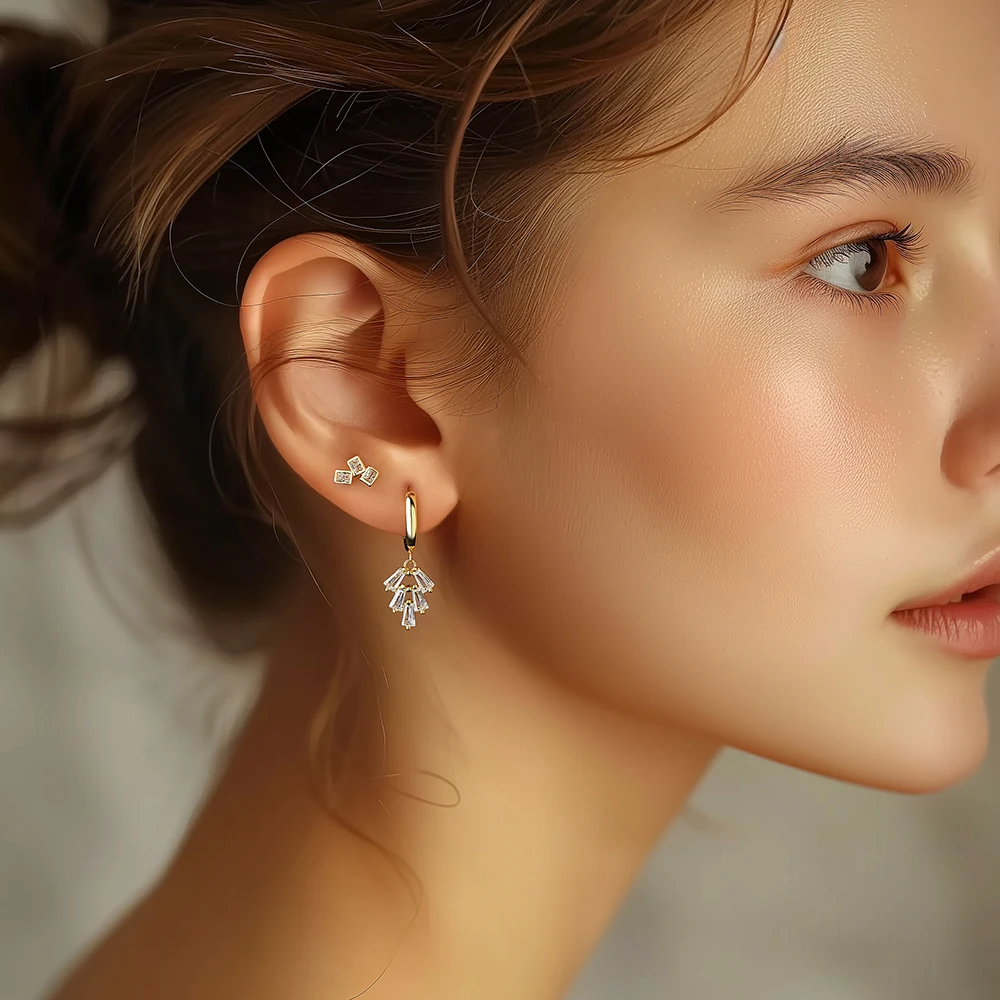 Fancy S925 Fine Jewelry Statement Rectangular Zircon Geometric Dangle Drop Stud Hoop Earrings Sets for Women