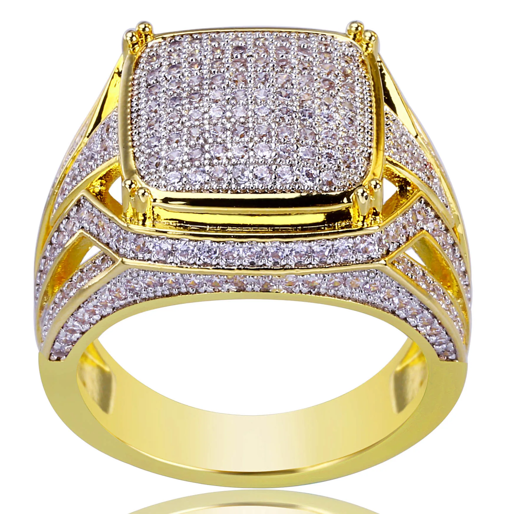 18K Gold Rings AAA Cubic Zirconia Engagement Wedding Ring Gold Cluster Diamond Band Bling Square Crystal Zircon Ring for Men