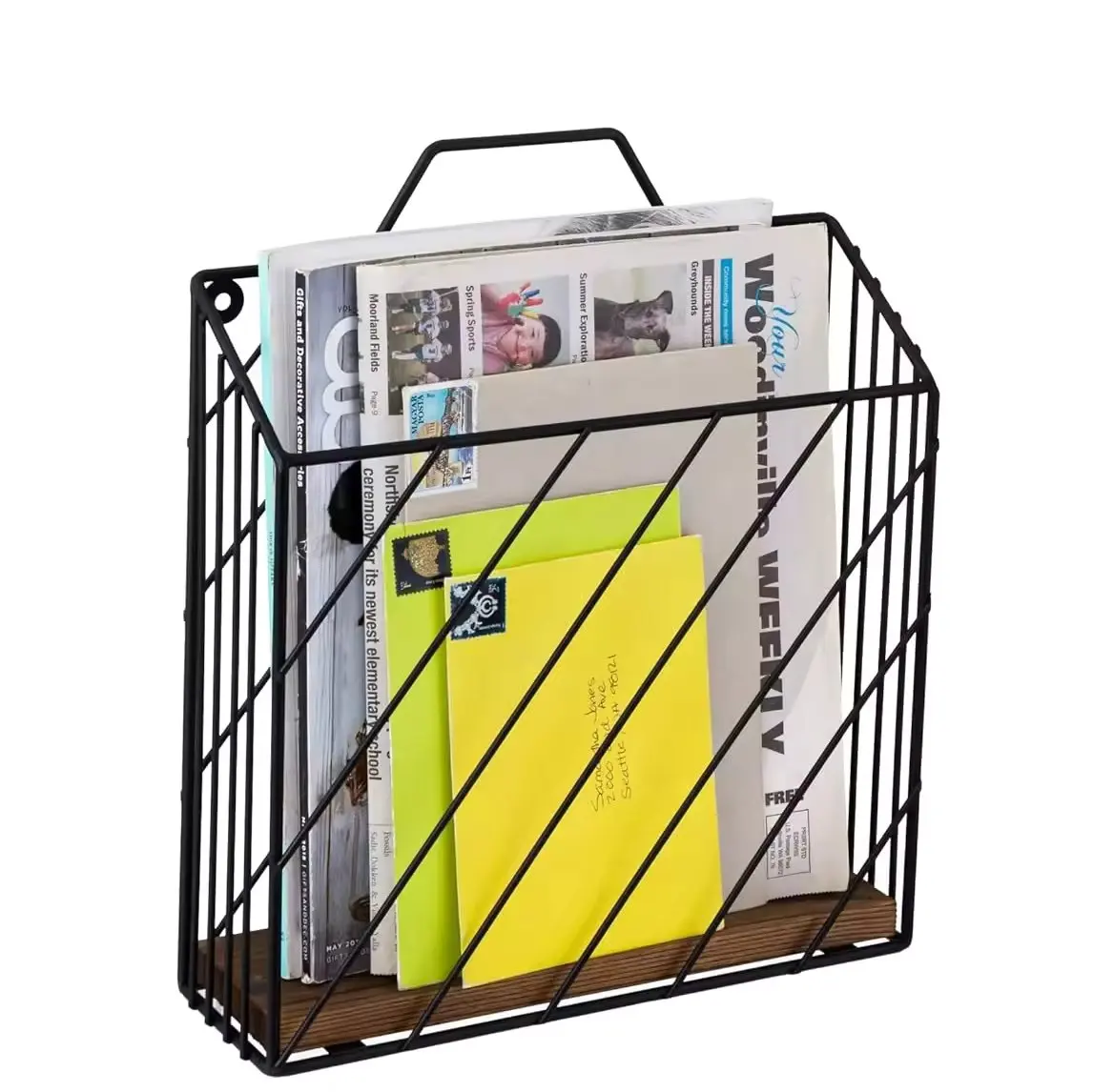 Industrial Style Wall Mounted Magazine Holder Matte Black Metal Wire Document Files and Magazine Rack with Wood Base