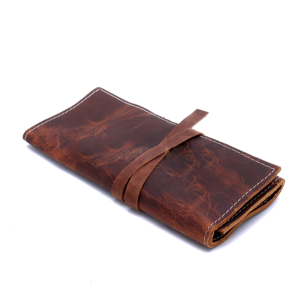 Real Leather Tool Pouch Rustic Genuine Leather Pencil Roll Up Pouch Foldable Case Multi-purpose Use Classic Knife Roll Tool Bag