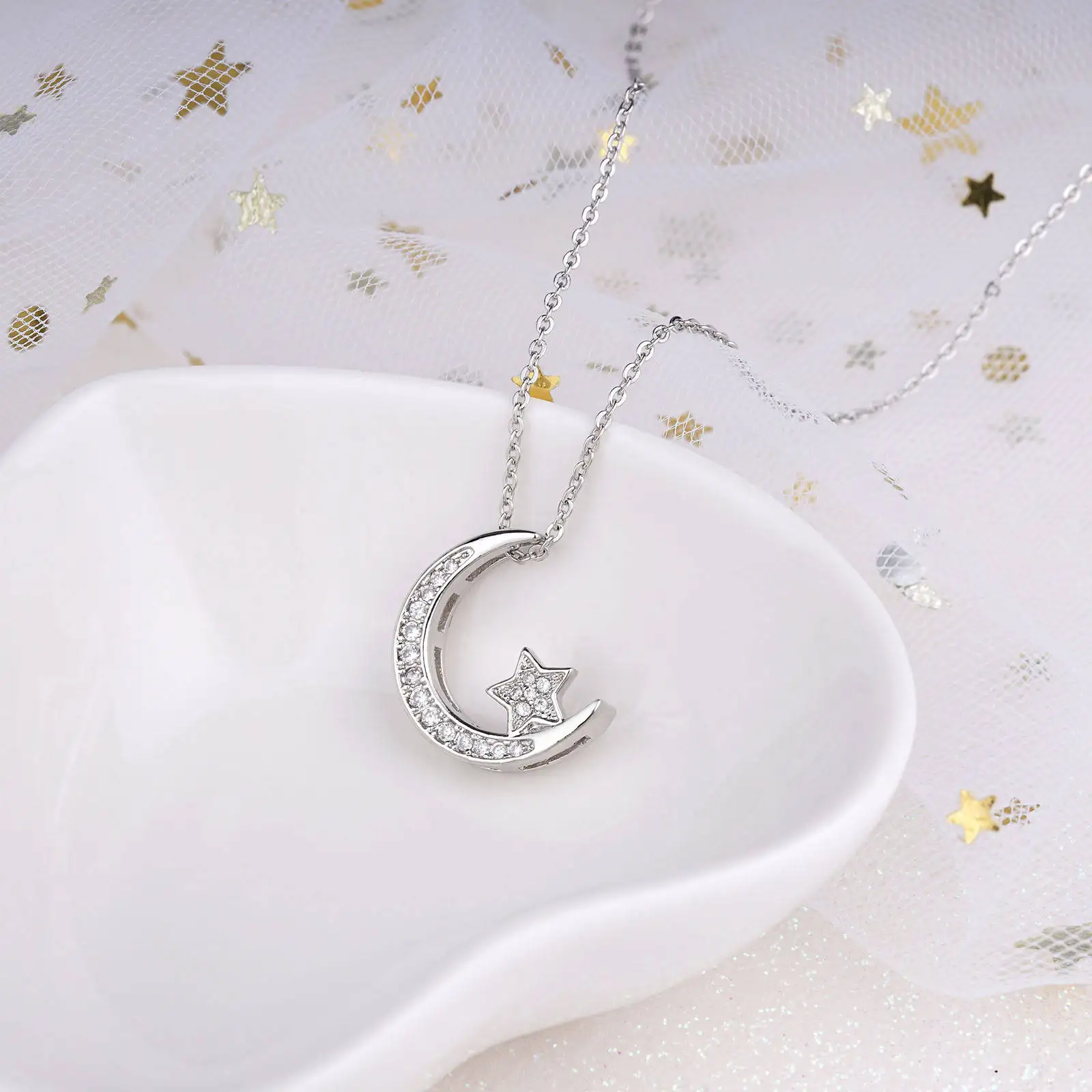 collares de luna Brass Zircon Moon And Star Necklace Gold Plated Moon Necklace Moon Pendant Necklace For Valentine Jewelry