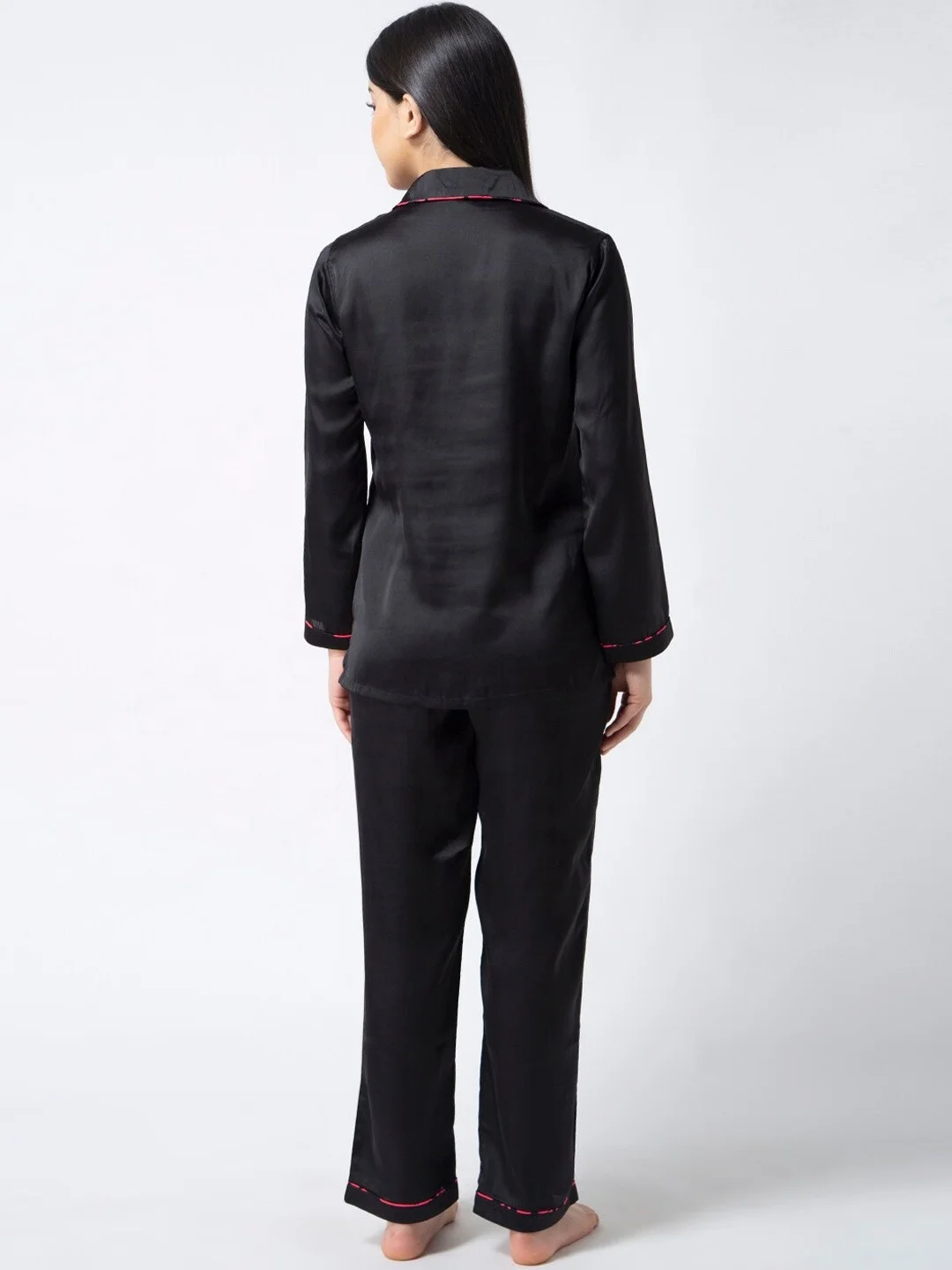 Custom Summer black long Sleeve Plus Size Silk Pajama Set, Ladies Tops trouser Satin Sleepwear Pajama Set Women