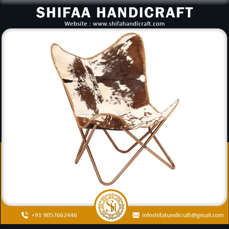 Home Decor Genuine Goat Leather Butterfly Arm Chair With Black Brown White Hair On Cover White And Brown with Ross