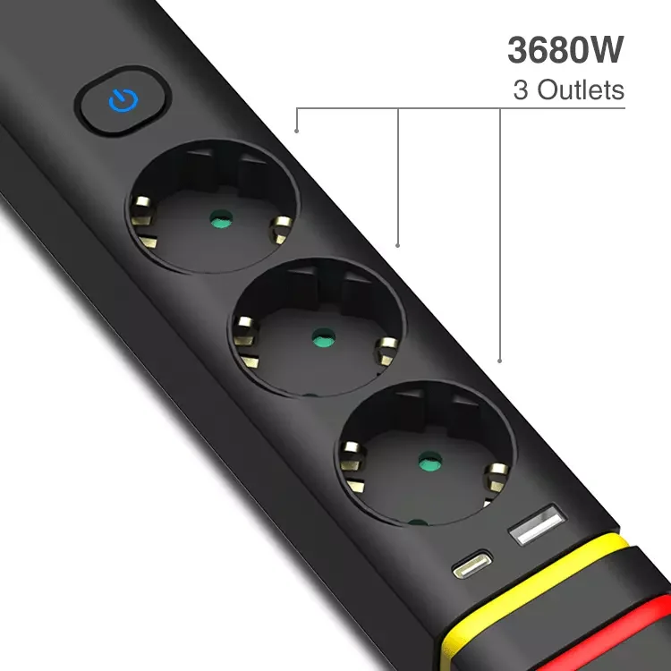 Latest Product Black Multiply Devices 3 Way Power Strip Schuko Socket for Home Office 1.4m Cable With USB and Charging Cable