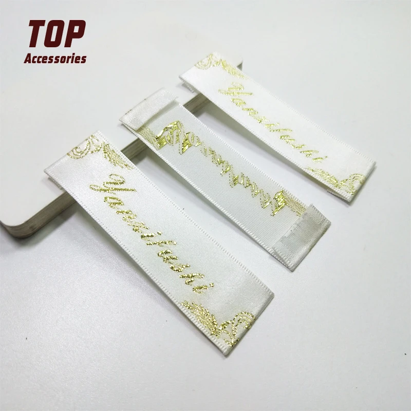 Cheap Custom Logo Damask Woven Neck Label with Golden Silk Thread