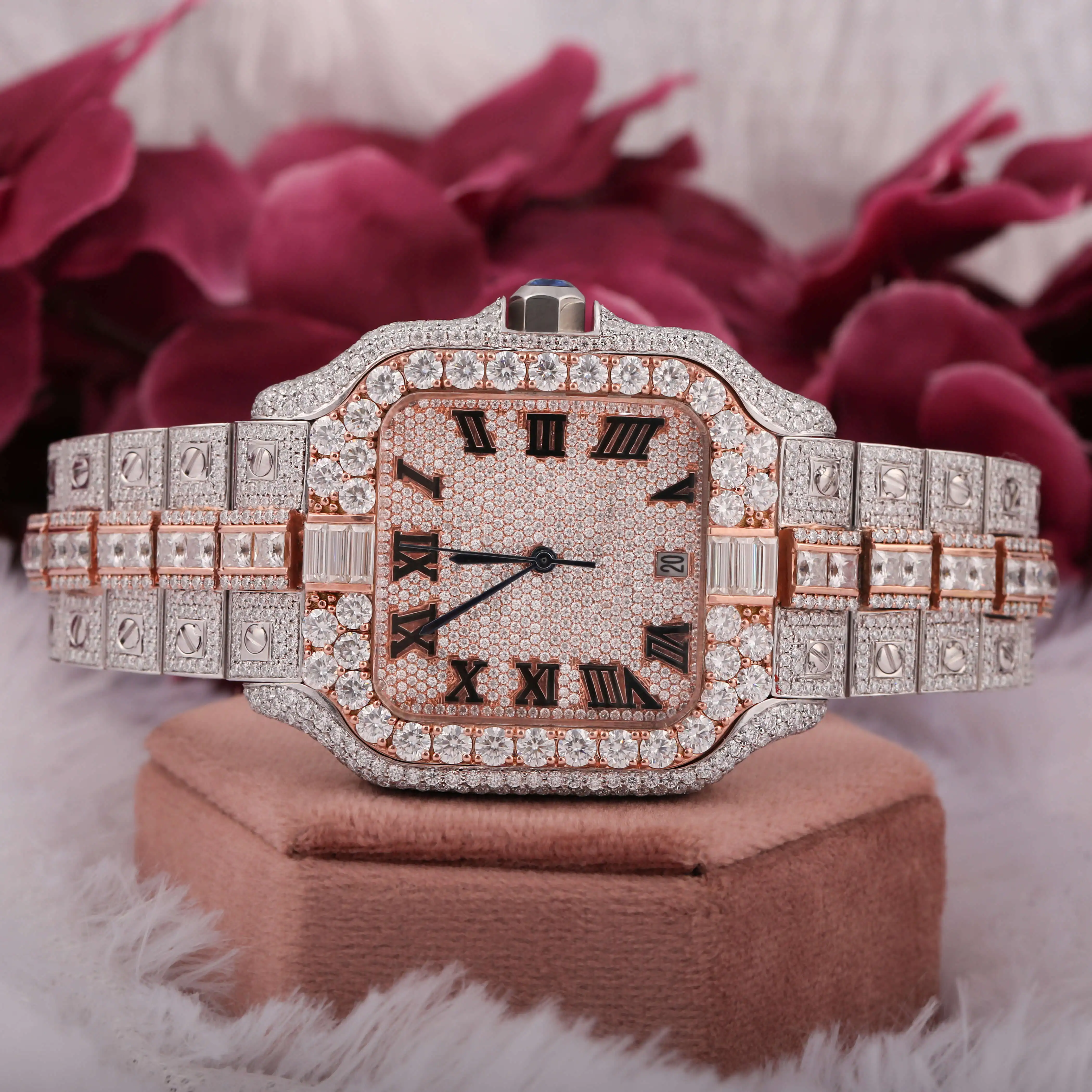 Rose Gold With Silver Two Tone Moissanite Diamond watch Hip Hop Colet Fully Iced Out Studded Watch