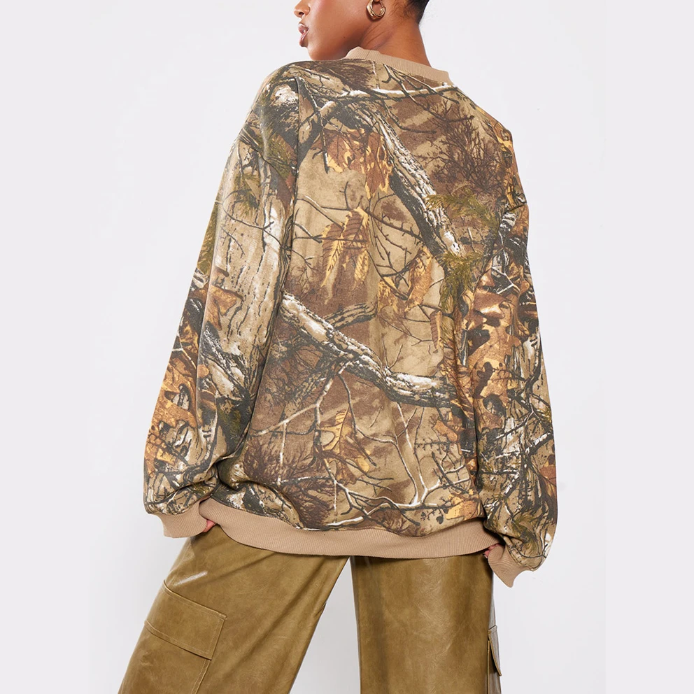 OEM Custom Winter Fleece Real Tree Jungle Print Camo Forest Hunting Hiking Camping O-Neck Women Oversized Sweatshirt