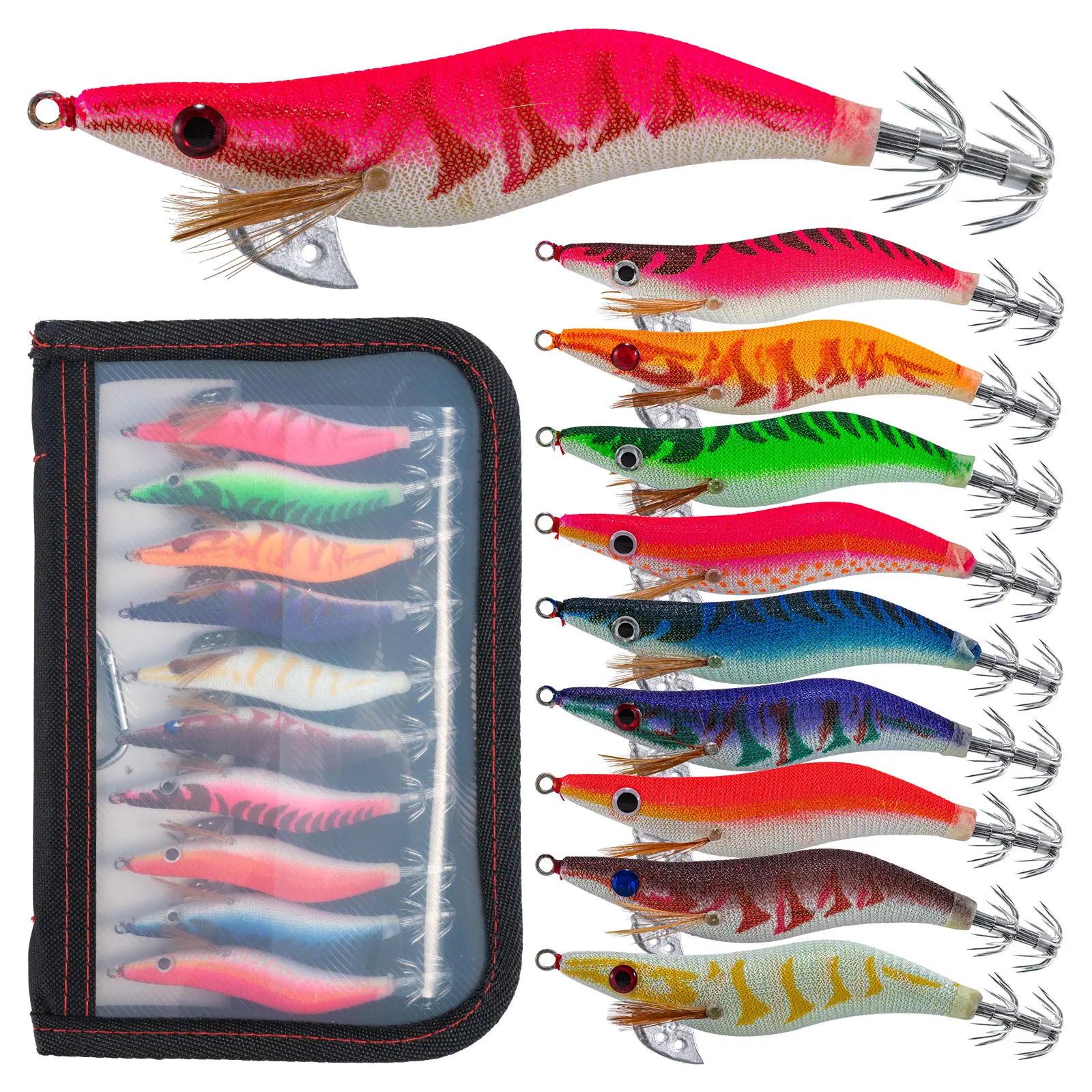 Fishing Wood Shrimp Suqid Lure Set 10pcs Squid Hooks